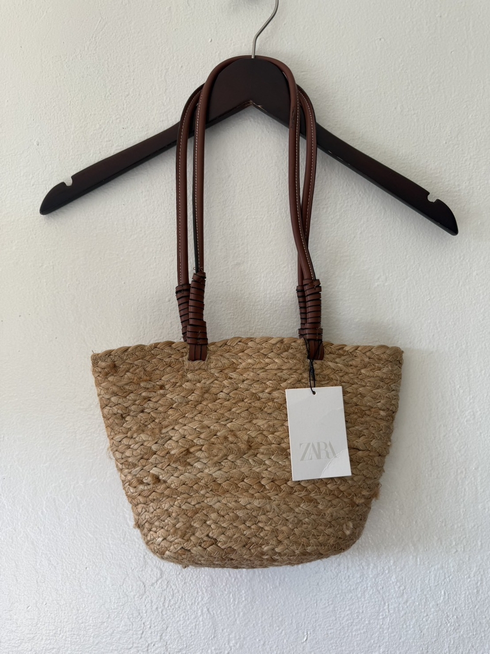 Zara Natural Straw Tote with Brown Wrapped Handles